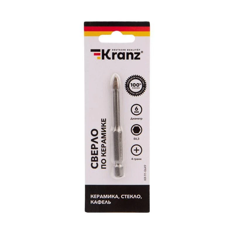 Сверло по стеклу и керамике 6мм 4 грани шестигранный хвостовик Kranz KR-91-0649 2