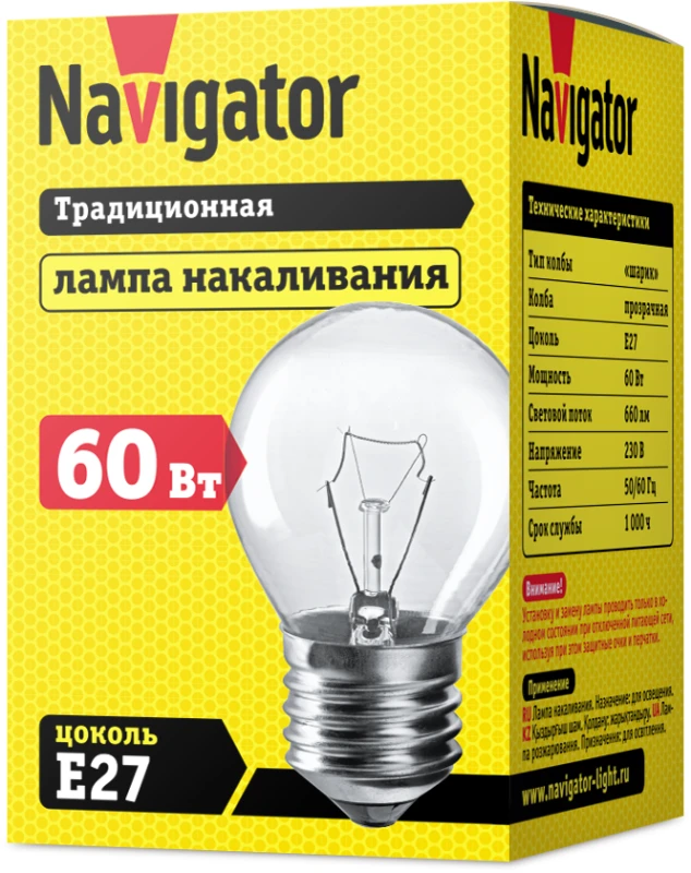 Лампа накаливания 94 312 NI-C-60-230-E27-CL (КНР) Navigator 94312 1