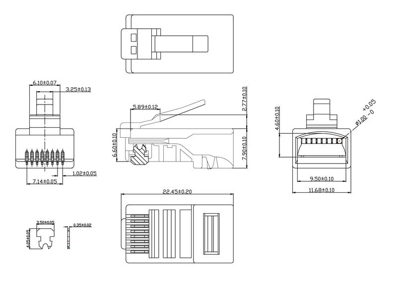 Коннектор RJ45 (8P8C) под витую пару кат.5E универс. для ОЖ и МЖ кабеля для проводников с толщ. по изоляции до 1.05 мм Cabeus 7009c 1