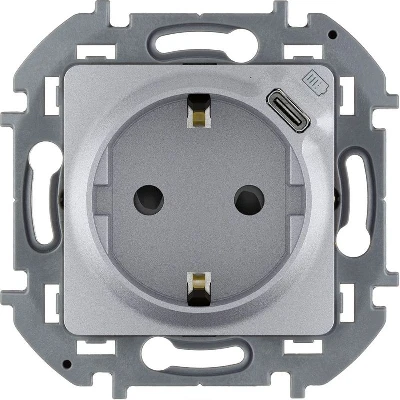 Розетка 1-м СП Inspiria 16А IP20 250В 2P+E немецк. стандарт с заряд. устр. USB тип C 1.5А 5В механизм алюм. IEK 673772