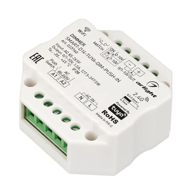 Диммер SMART-D14-TUYA-DIM-PUSH-IN 230В 1.5А 0/1-10В 2.4G IP20 пластик Arlight 033760