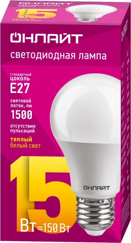Лампа светодиодная 61 149 OLL-A60-15-230-2.7K-E27 15Вт грушевидная 2700К тепл. бел. E27 1500лм 176-264В ОНЛАЙТ 61149 1