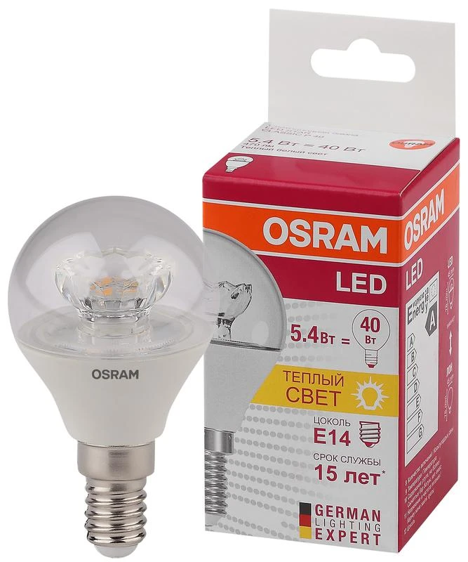 Лампа светодиодная LED STAR CLASSIC P 40 5.4W/830 5.4Вт шар прозрачная 3000К тепл. бел. E14 470лм 220-240В пластик. OSRAM 4052899971622 1