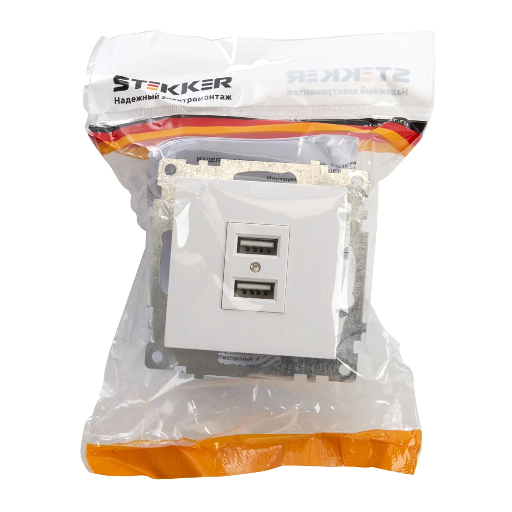 Розетка USB 2-местная (механизм), STEKKER GLS10-7115-01, 250B, 2,1А, серия Катрин, белый 39686 5