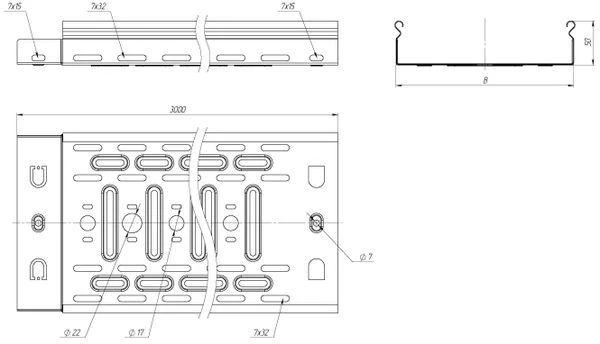 Лоток листовой перфорир. 100х50 L3000 сталь 0.55мм EKF L5010001-0.55 1