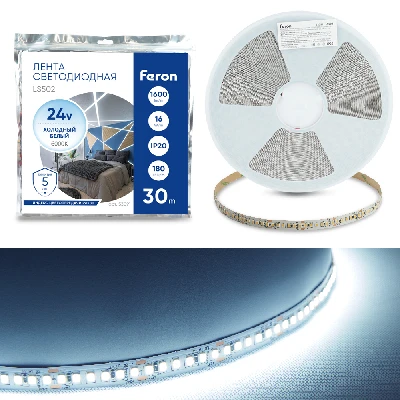 Светодиодная LED лента Feron LS502, 180SMD(2835)/м 16Вт/м 24V 30000*10*1.22мм 6000К 30м IP20 53091