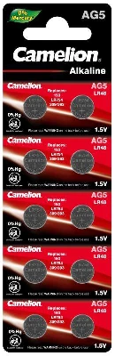 Элемент питания алкалиновый "таблетка" LR754/393A/193/G 5 Mercury Free AG5-BP0%Hg для часов BL-10 (блист.10шт) Camelion 12813
