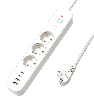 Сетевой фильтр 3-местный с/з STEKKER 3x1мм2, 1,8 м, 250В, 16А, 2 USB-A+2 Type-C, серия Nova, белый 50099