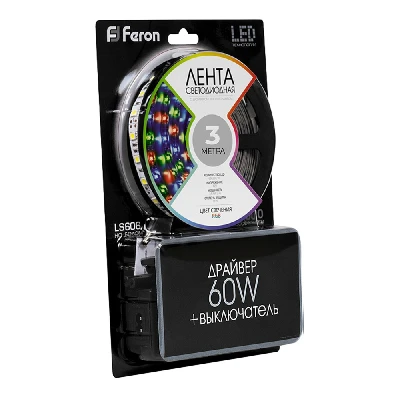 Светодиодная LED лента Feron LS606, 60SMD(5050)/m 14.4W/m 12V 3m RGB с адаптером с вилкой, контроллером с пультом в комплекте 27722