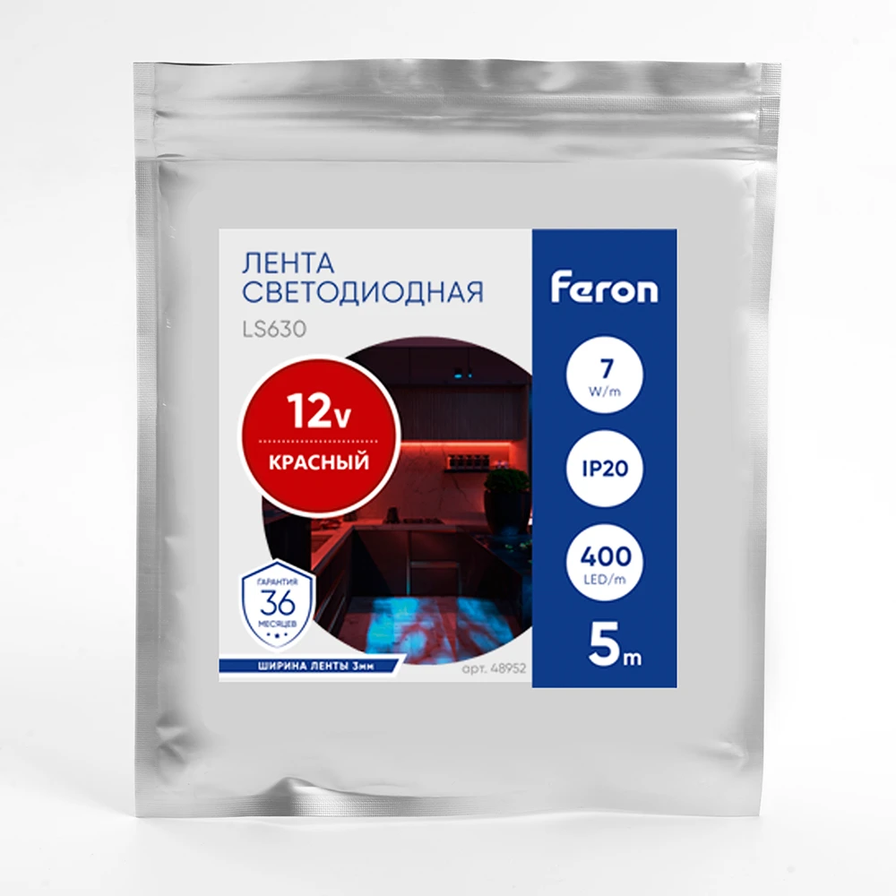 Светодиодная COB лента Feron LS630, 400SMD(2110)/ 7Вт/м 12V 5000*3*1.8мм красный, IP20 48952 2