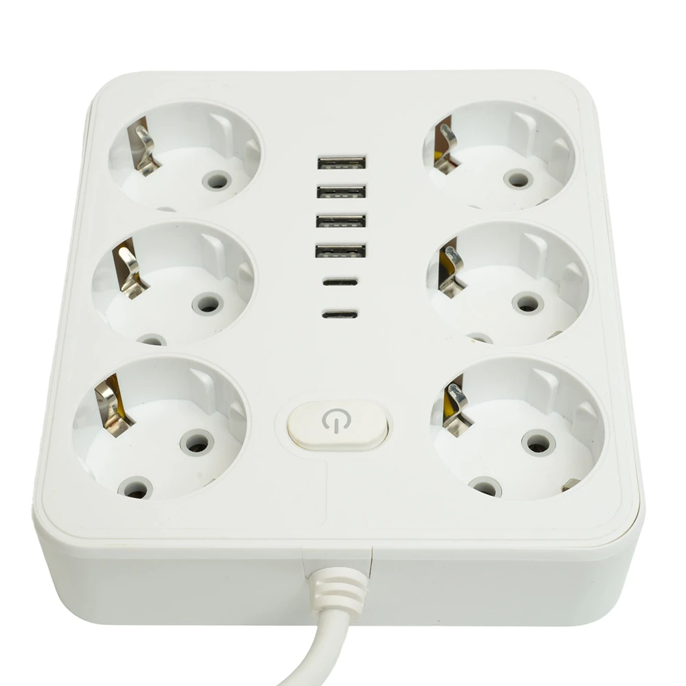 Удлинитель 6-местный c/з 3x1 мм2, 1,8 м, 250В, 10А, 4USB+2Type-C 2,4А, серия Home, белый STEKKER HM09-66-02 49975 1