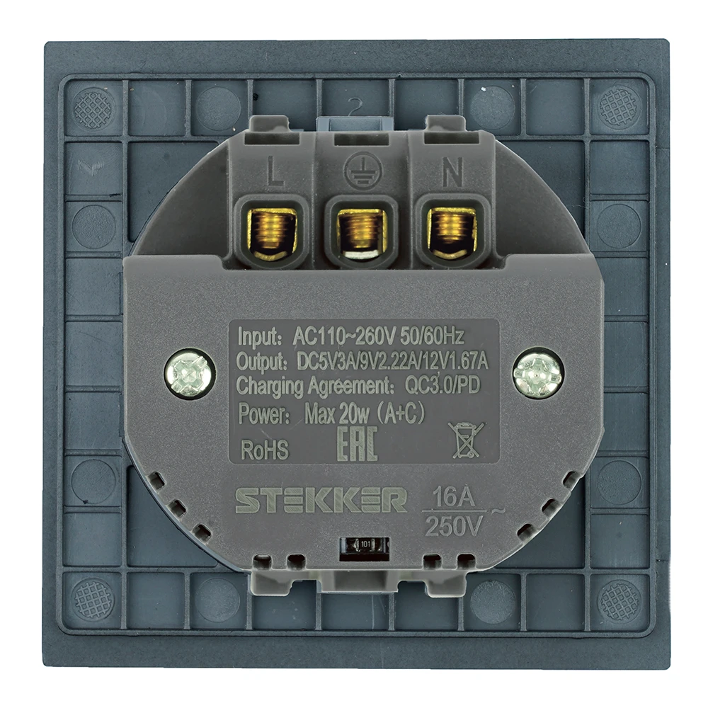 Розетка 1-местная з/ш с/з 16А + USB + Type C (механизм), STEKKER, 250В, 20W, серия Мия, RST16-3119-05, черный бархат 50452 4