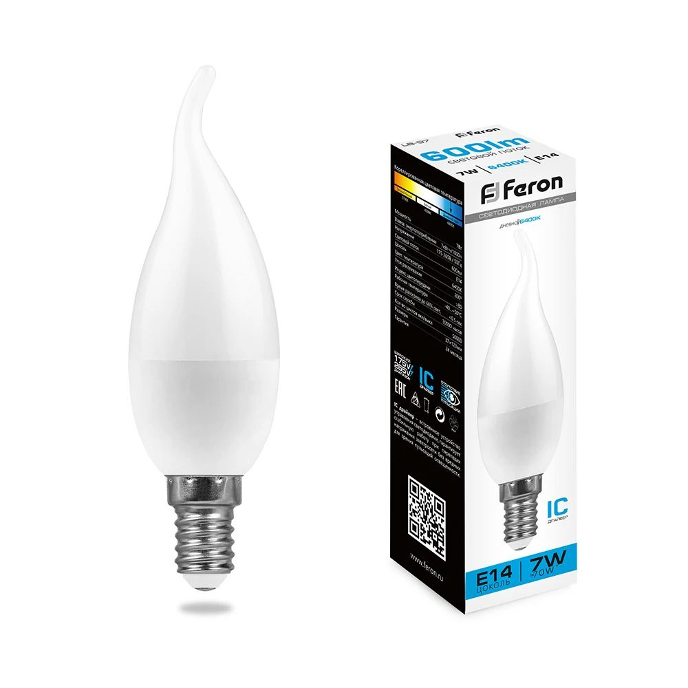 Лампа светодиодная Feron LB-97 Свеча на ветру E14 7W 175-265V 6400K 38135 1