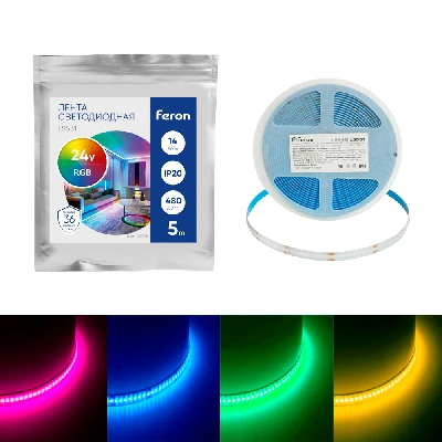 Светодиодная COB лента Feron LS531 480SMD(2110)/ 14Вт/м 24V 5000*8*1.8мм RGB, IP20 48946