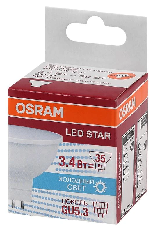 Лампа светодиодная LED Star MR16 3.4W/840 3.4Вт матовая 4000К нейтр. бел. GU5.3 300лм 220-240В 110град. пластик. (замена 35Вт) OSRAM 4058075129030 1