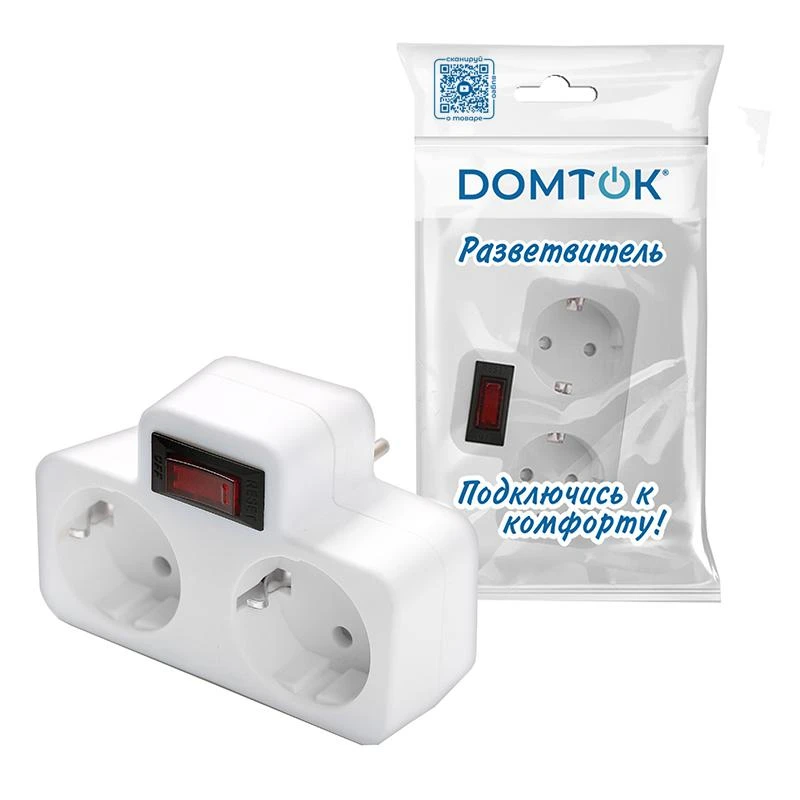 Разветвитель 2-м с заземл. 16А 3500Вт 250В плоский с выключателем бел. DОМТОК 2664 2