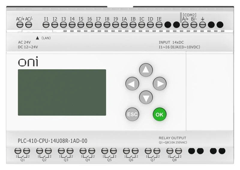 Модуль ЦПУ ПЛК 410 8 DI 6 UI (0-10В/DI) 8 RO 12В-24В DC или 24В AC с Ethernet портом с экраном ONI PLC-410-CPU-14U08R-1AD-00 6
