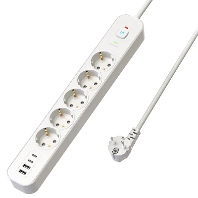 Сетевой фильтр 5-местный с/з STEKKER 3x1мм2, 3 м, 250В, 16А, 2 USB-A+2 Type-C 3, серия Nova, белый 50103