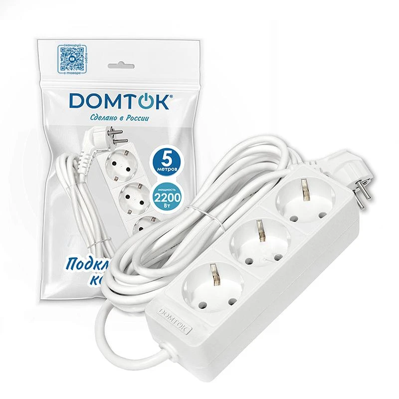 Удлинитель 3х5м с заземл. 10А IP20 2.2кВт ПВС 3х0.75 бел. DOMTOK 2376 1