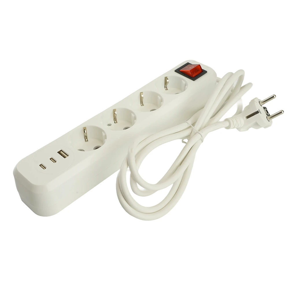 Удлинитель 4-местный с/з с выключ. STEKKER HM071-41-05 3x1мм2, 5м, 250В, 16А, 1USB+2C, 2.4A, сер Home, белый 50141 2