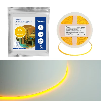 Светодиодная COB лента Feron LS630, 400SMD(2110)/ 7Вт/м 12V 5000*3*1.8мм желтый, IP20 48950