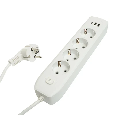 Удлинитель 4-местный c/з 3x1 мм2, 1,8 м, 250В, 10А, 2USB+1Type-C 2,4А, серия Home, белый STEKKER HM08-43-02 49971