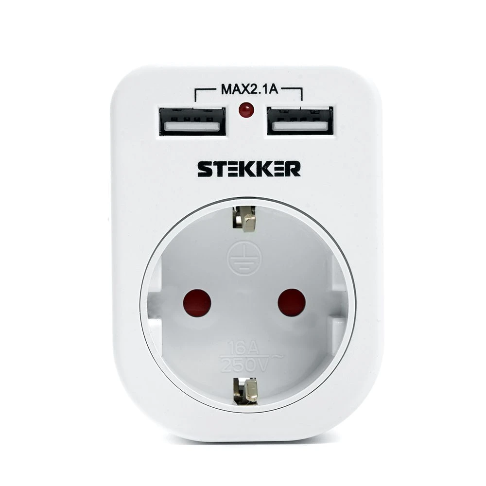 Переходник сетевой с/з c 2 USB 2,1А, STEKKER ADP16-24-20, 250В, 16A, IP20, белый 39626 1