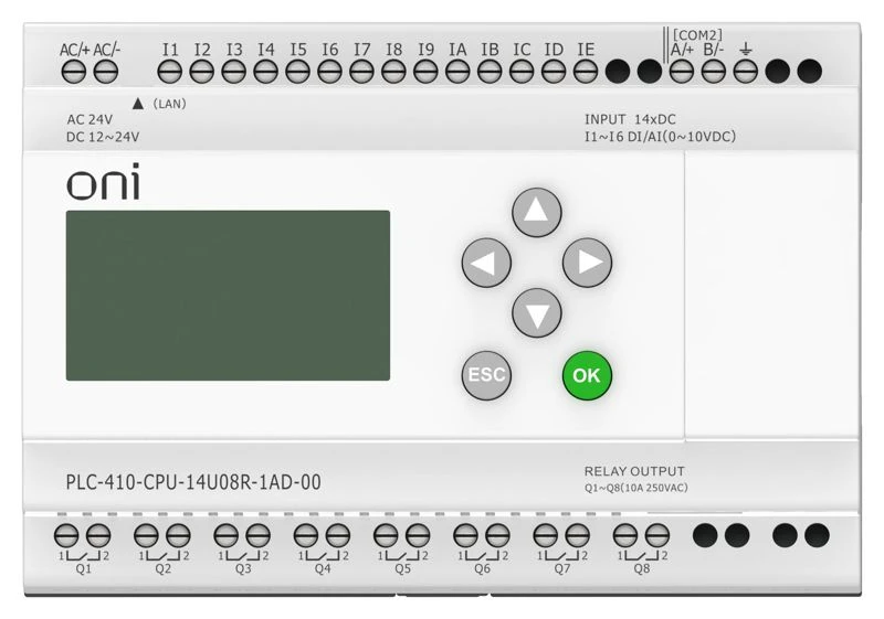 Модуль ЦПУ ПЛК 410 8 DI 6 UI (0-10В/DI) 8 RO 12В-24В DC или 24В AC с Ethernet портом с экраном ONI PLC-410-CPU-14U08R-1AD-00 1