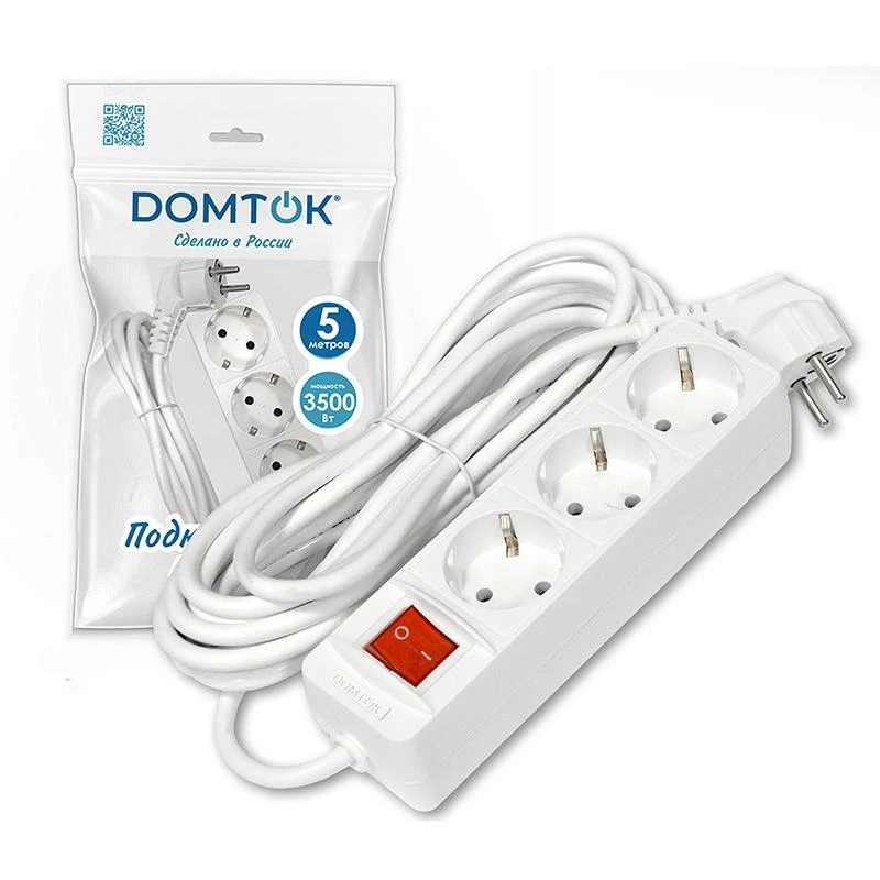 Удлинитель 3х5м с заземл. 16А IP20 3.5кВт ПВС 3х1 с выкл. бел. DOMTOK 2382 1
