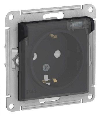 Розетка 1-м СП AtlasDesign Aqua 16А IP44 с заземл. защ. шторки с прозр. крышкой механизм карбон SE ATN441046