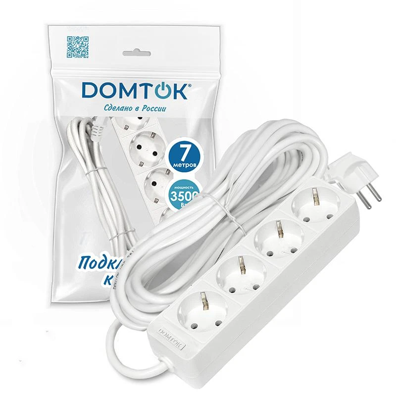 Удлинитель 4х7м с заземл. 16А IP20 3.5кВт ПВС 3х1 бел. DOMTOK 2398 1