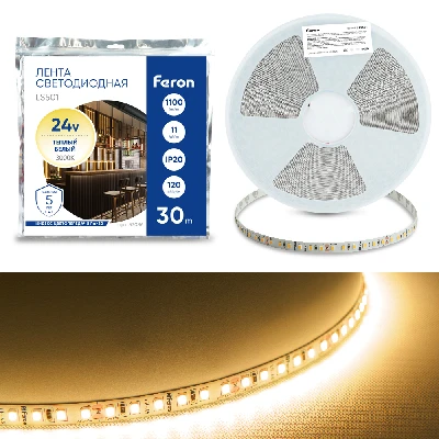 Светодиодная LED лента Feron LS501, 120SMD(2835)/м 11Вт/м 24V 30000*8*1.22мм 3000К 30м IP20 53086