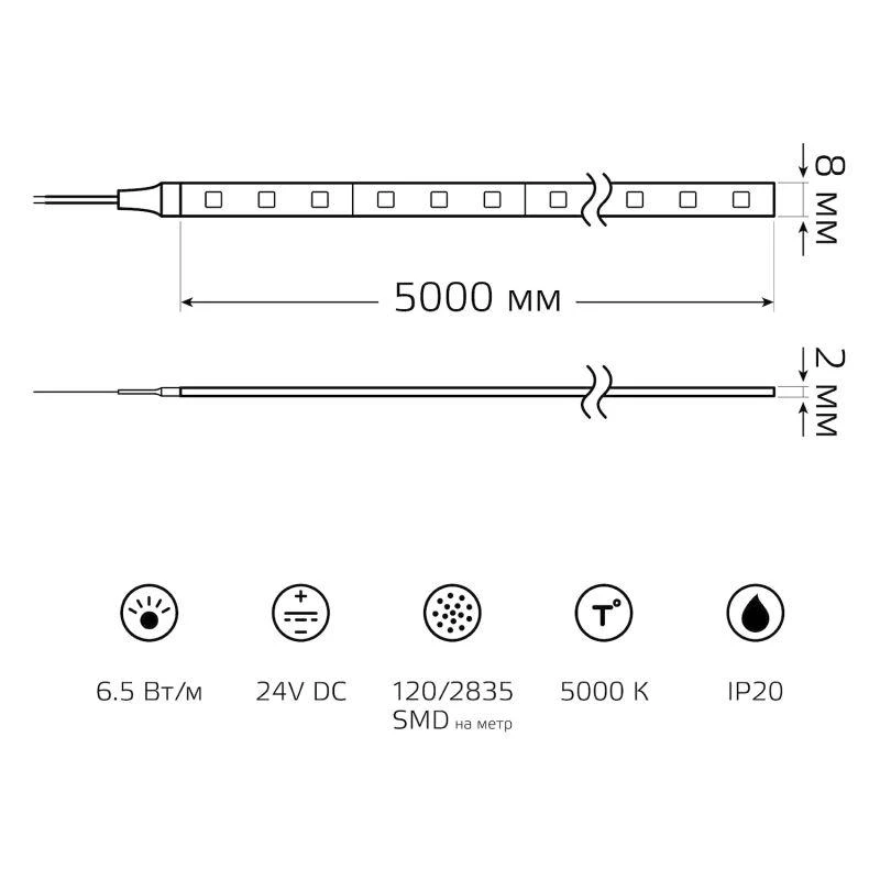 Лента светодиодная Black 2835/120-SMD 6.5Вт/м 5000К холод. бел. IP20 600лм/м 24В (блист.5м) GAUSS 312000265 7