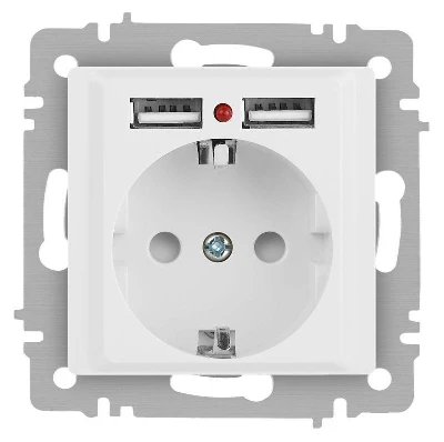 Розетка 1-м СП Accent 6-410-01М 16А IP20 250В P+E Schuko защ. шторки + 2хUSB бел. матов. Intro Б0063691