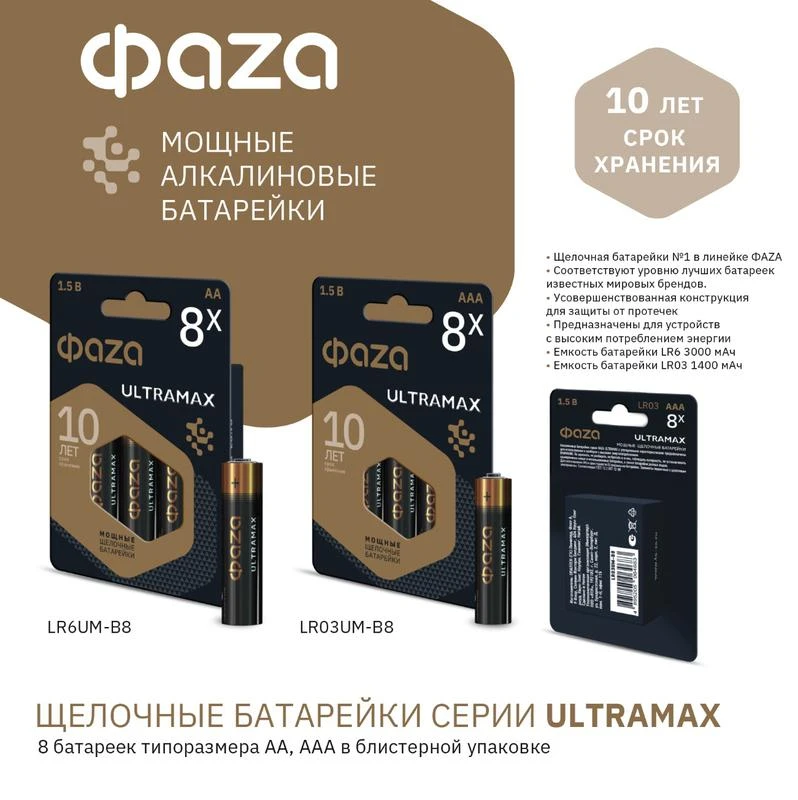 Элемент питания алкалиновый AA/LR6 1.5В ULTRAMAX BL-8 (уп.8шт) ФАZА 5064676 5