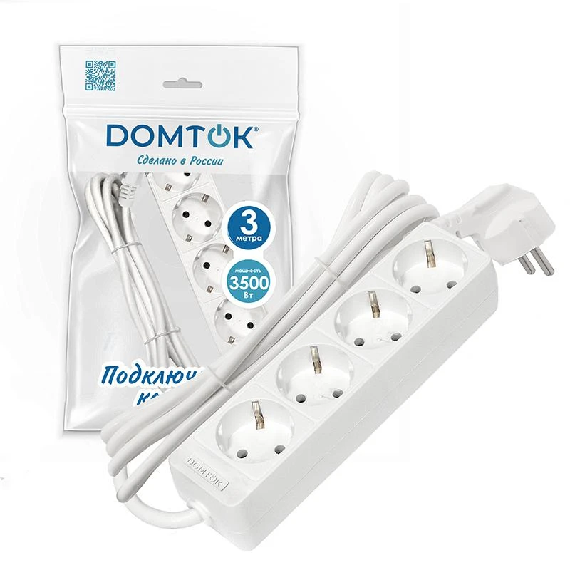 Удлинитель 4х3м с заземл. 16А IP20 3.5кВт ПВС 3х1 бел. DOMTOK 2396 1
