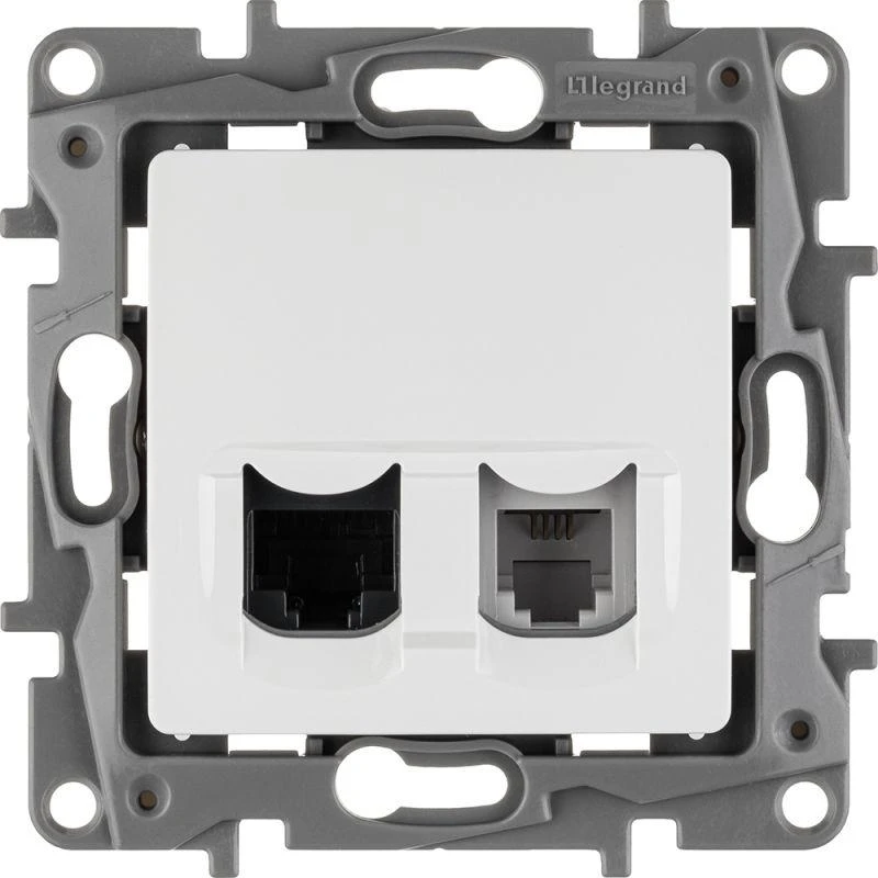 Розетка компьютерная + телефонная 2-м СП Etika RJ45 + RJ11 кат.5E UTP механизм бел. Leg 672252 4
