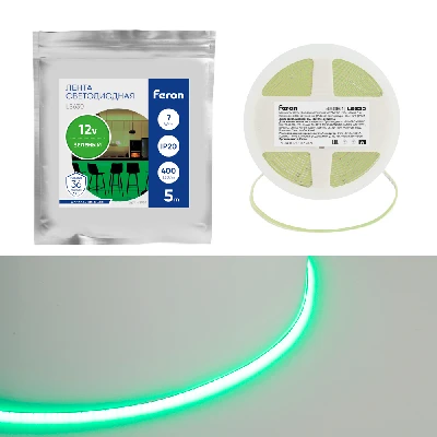 Светодиодная COB лента Feron LS630, 400SMD(2110)/ 7Вт/м 12V 5000*3*1.8мм зеленый, IP20 48951