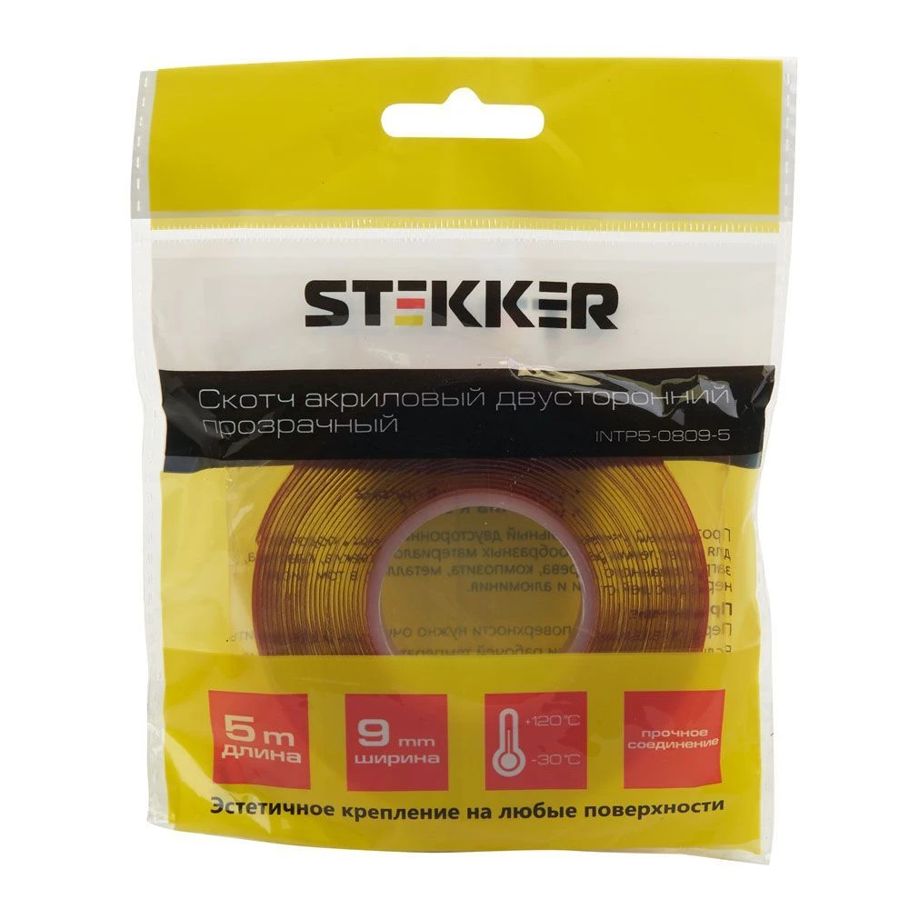 Скотч акриловый двусторонний STEKKER INTP5-0809-5 0,8*9 мм,длина 5м, прозрачный , красная подложка 39144 1