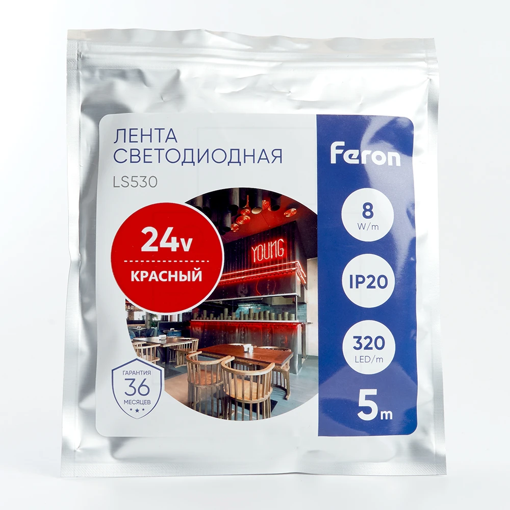 Светодиодная COB лента Feron LS530 320SMD(2110) 8Вт/м 24V 5000*8*1,8мм IP20, красный 48266 1