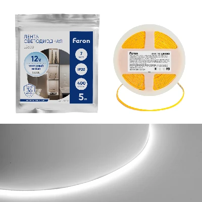 Светодиодная COB лента Feron LS630, 400SMD(2110)/ 7Вт/м 12V 5000*3*1.8мм 6500K, IP20 48949
