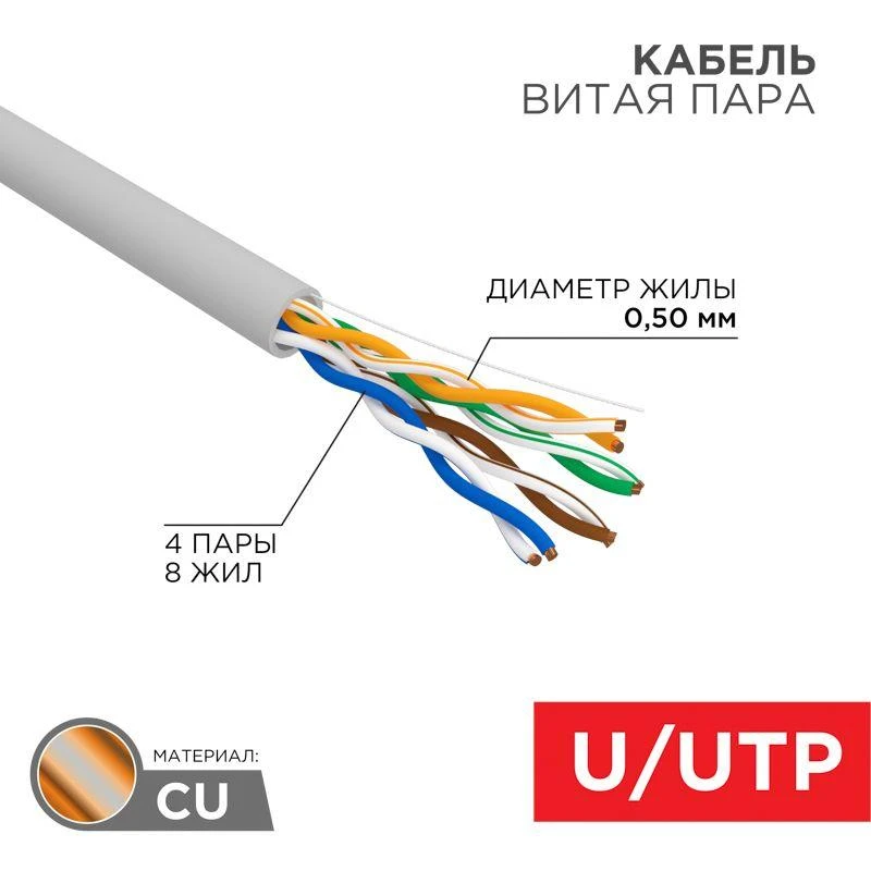 Кабель витая пара U/UTP кат.5E 4х2х24AWG solid CU PVC сер. (м) Rexant 01-0043 4