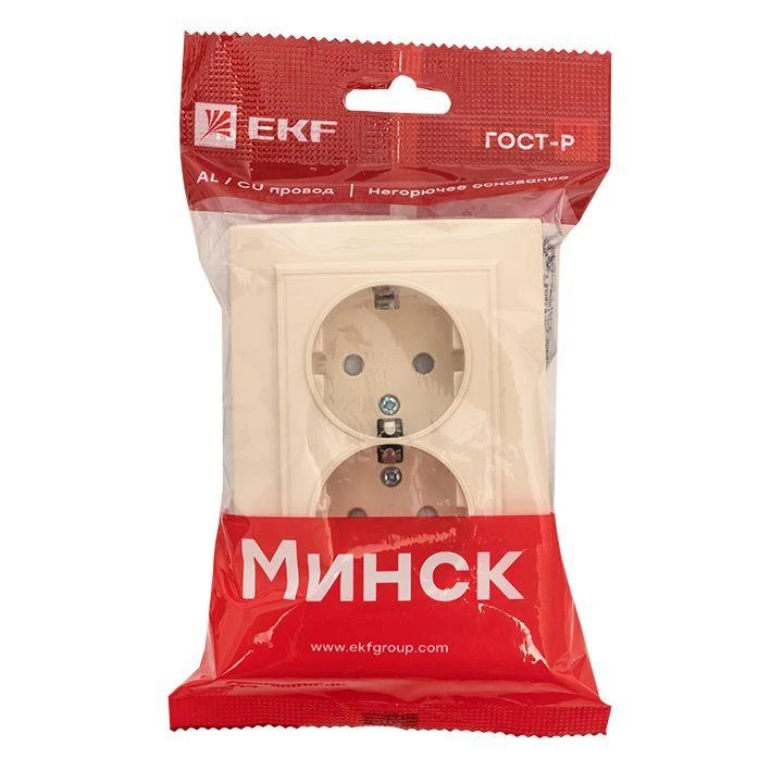 Розетка 2-м СП Минск 16А IP20 с заземл. защ. шторки беж. EKF ERR16-128-200 1