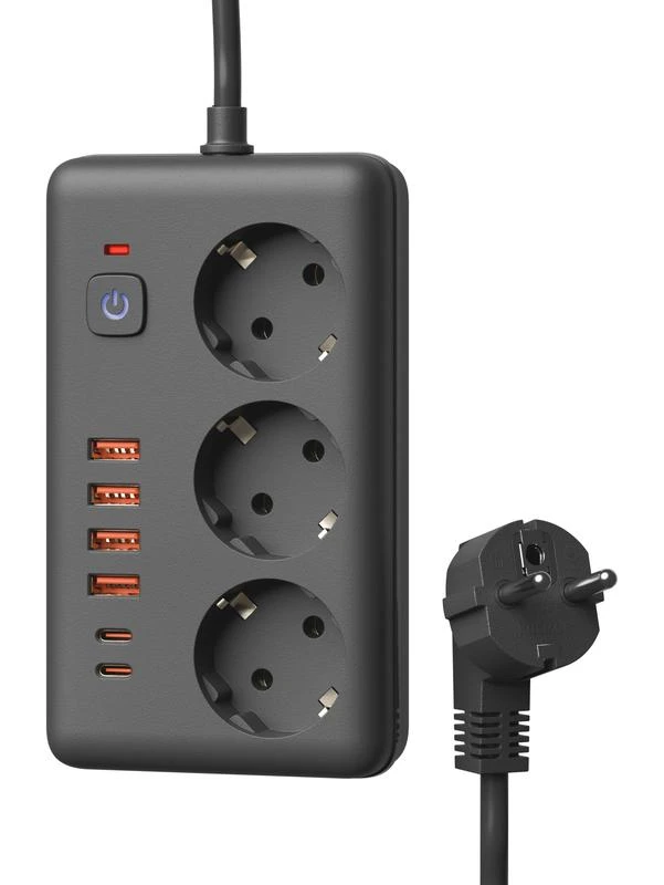 Удлинитель с сетевым фильтром 3х5м 10А 4USB + 2USBC 2500Вт ПВС 3х1 прямоуг. черн. КОСМОС FKsmPR-5m-3g(B)USB 1