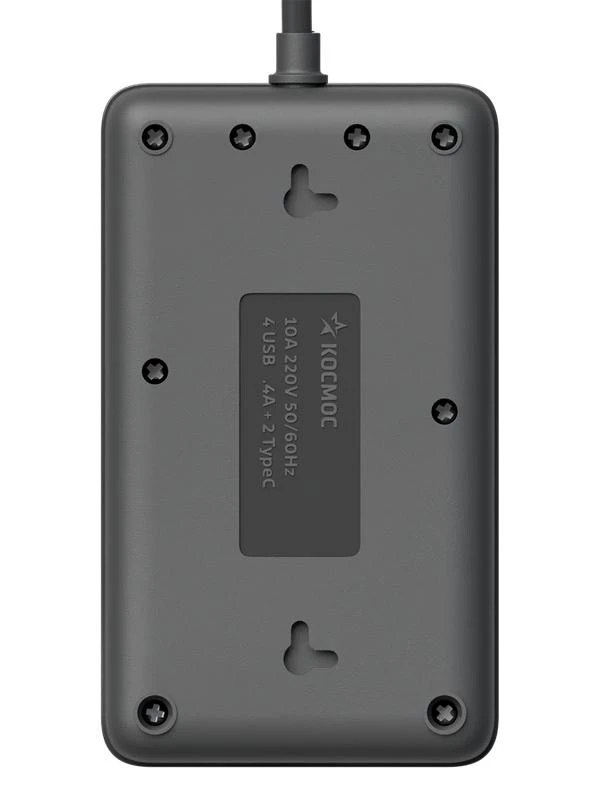 Удлинитель с сетевым фильтром 3х1.5м 10А 4USB + 2USBC 2500Вт ПВС 3х1 прямоуг. черн. КОСМОС FKsm1.5m-3gPF(B)USB 4