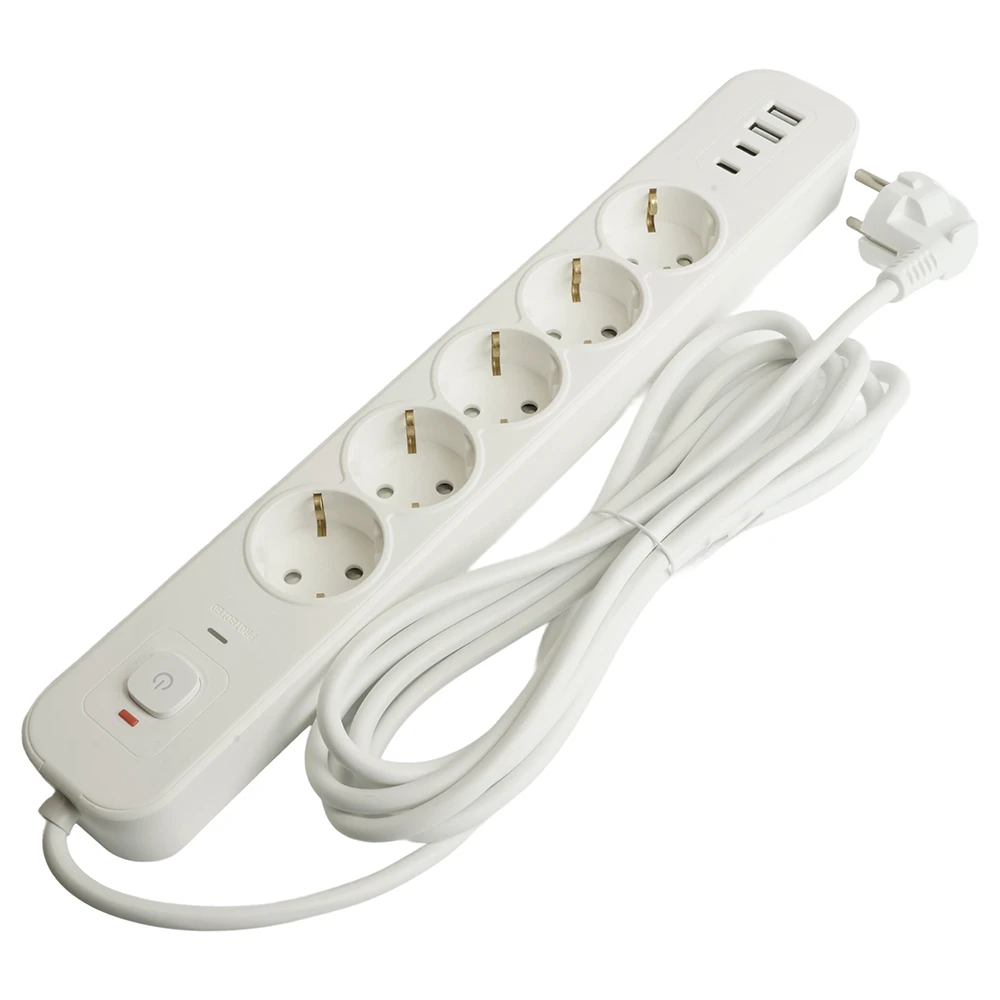 Сетевой фильтр 5-местный с/з STEKKER 3x1мм2, 3 м, 250В, 16А, 2 USB-A+2 Type-C 3, серия Nova, белый 50103 1