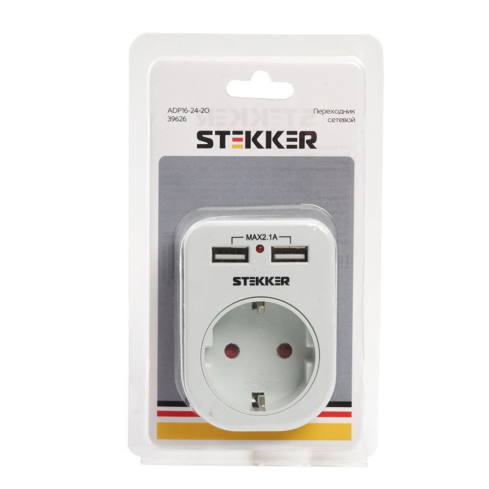 Переходник сетевой с/з c 2 USB 2,1А, STEKKER ADP16-24-20, 250В, 16A, IP20, белый 39626 2