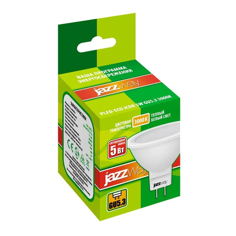 Лампа светодиодная PLED-ECO 5Вт JCDR MR16 рефлектор матовая 3000К тепл. бел. GU5.3 400лм 230В 50Гц JazzWay 1037077A 1