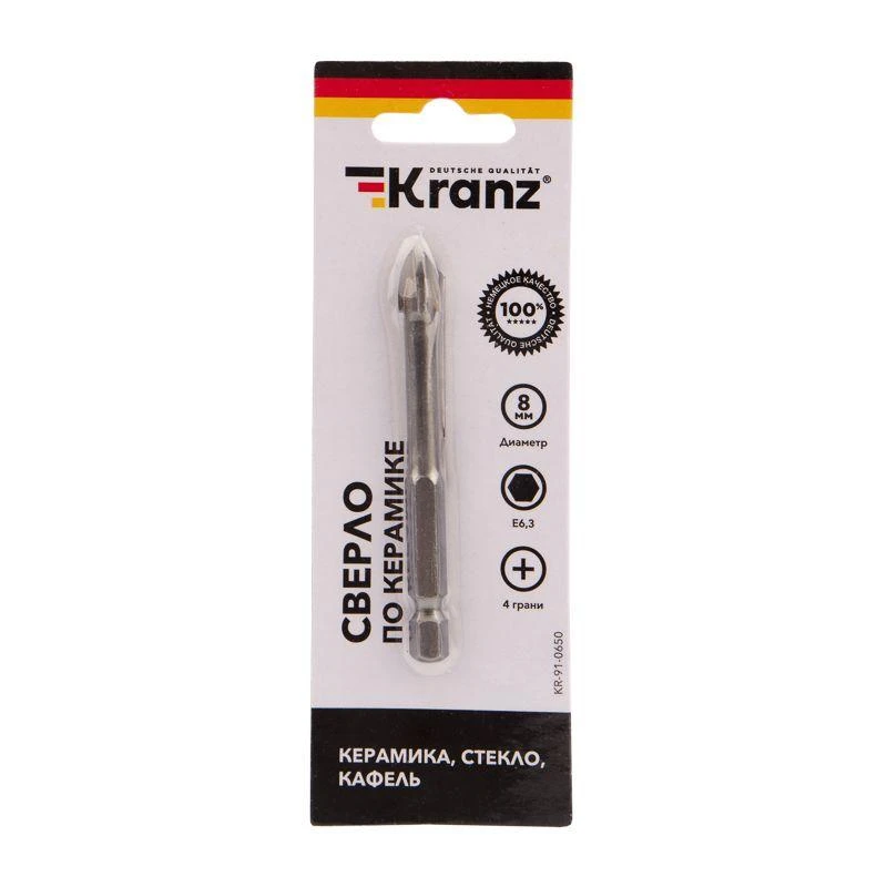 Сверло по стеклу и керамике 8мм 4 грани шестигранный хвостовик Kranz KR-91-0650 2