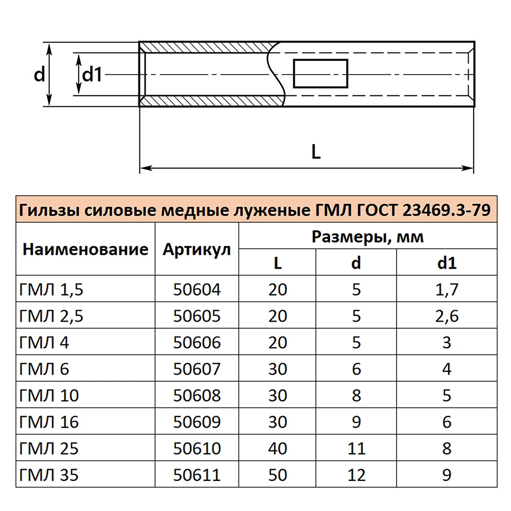 LD-GML-6-4 Гильза медная луженая ГМЛ 6-4 ГОСТ 23469.3-79 50607 4